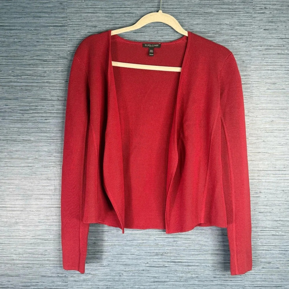Eileen Fisher Angled Front Silk Organic Cotton Knit Sweater Jacket Red Petite Sm - Picture 1 of 7